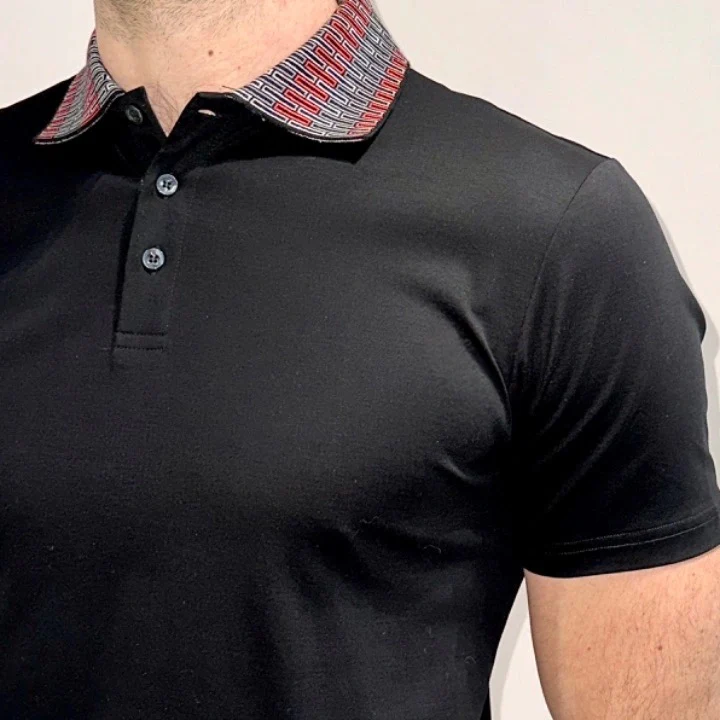 Black Stitched Collar Button Polo - Image 3