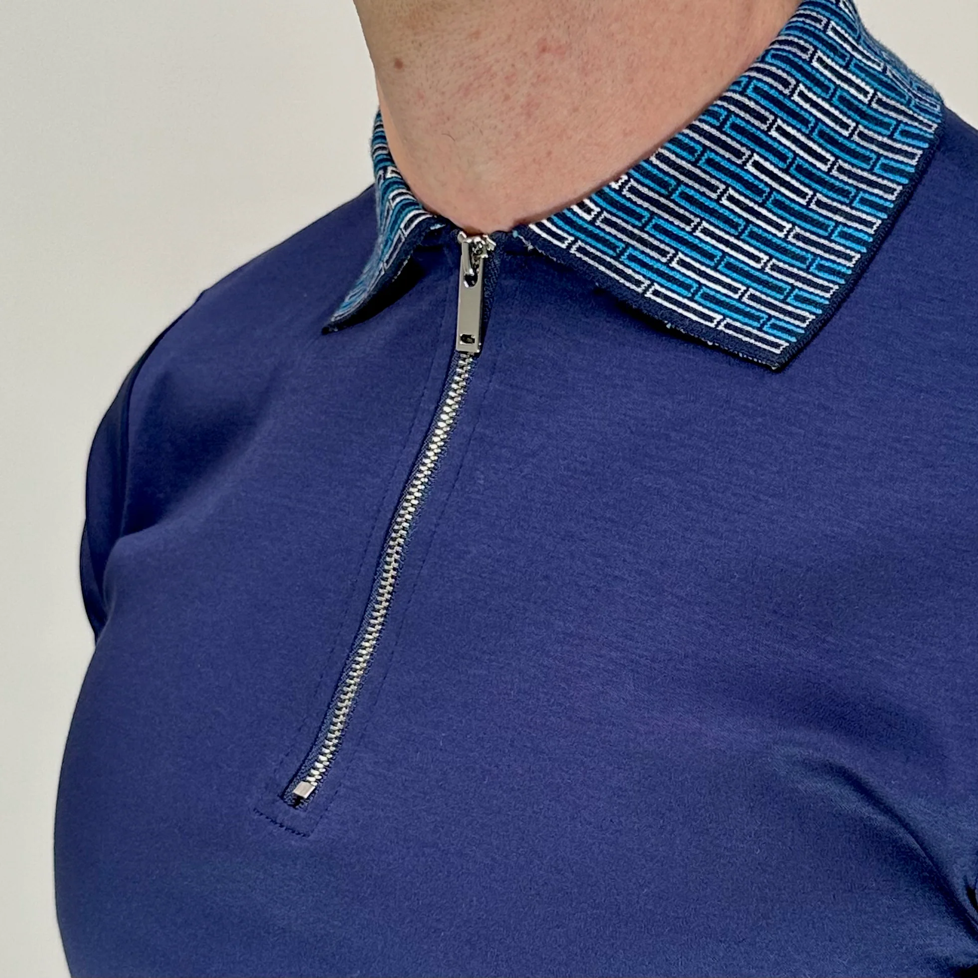 Navy Stitched Collar Zip Polo - Image 3