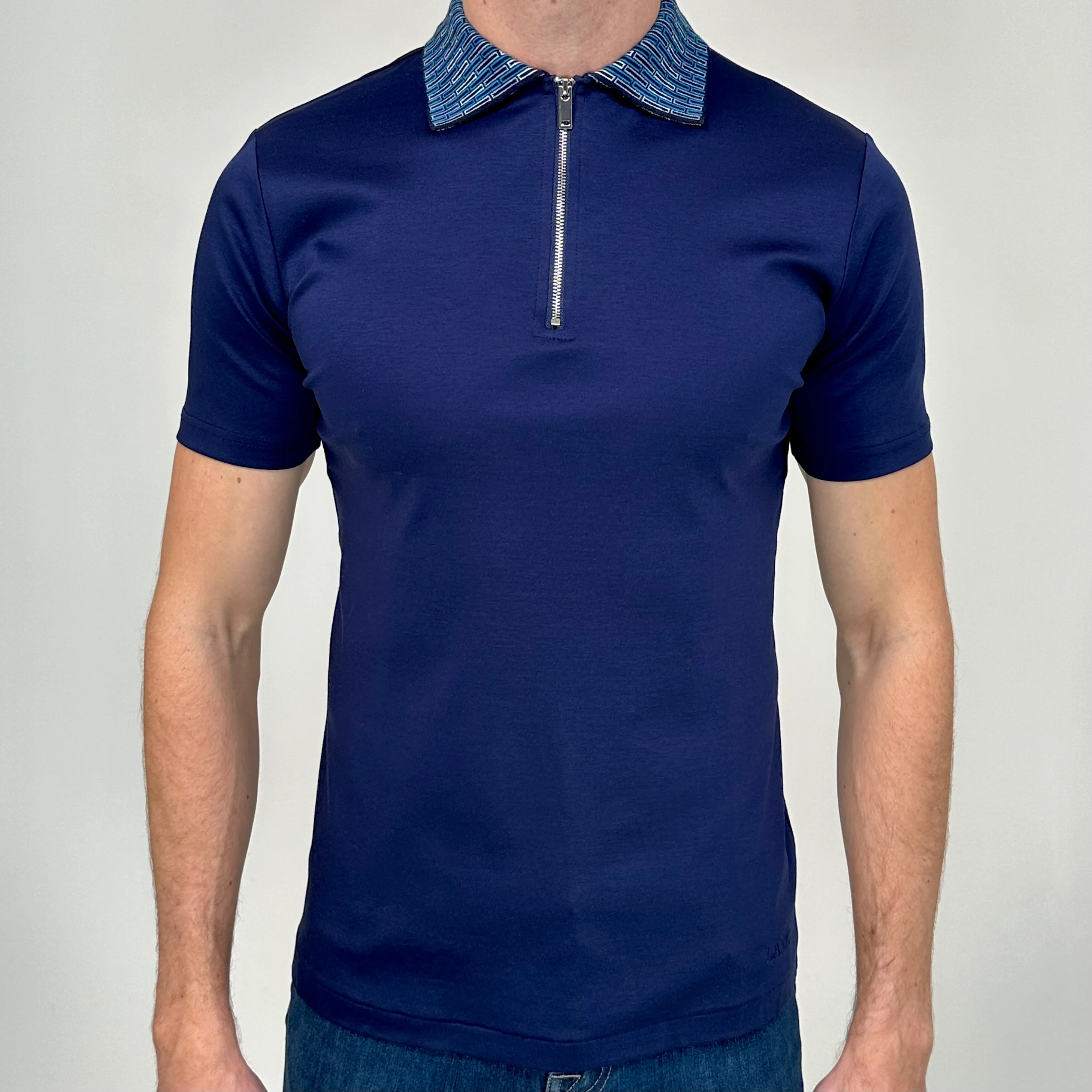 Navy Stitched Collar Zip Polo - Image 5